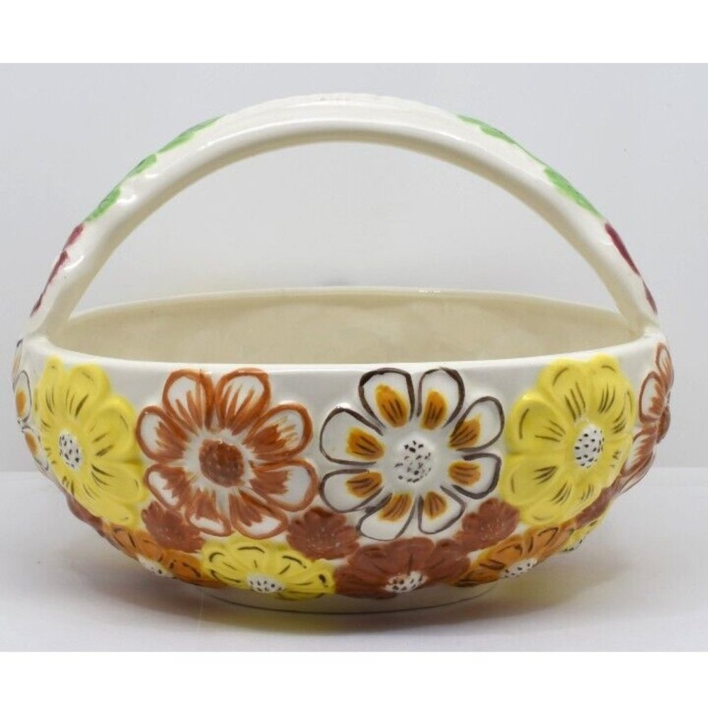 Vintage Retro Boho Hand Painted Ceramic Flower Basket, 1974